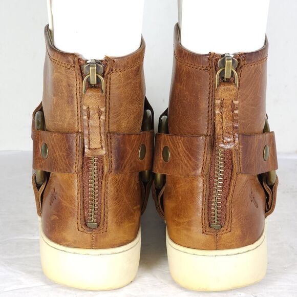 Frye Women’s Lena US6,5 Cognac Brown Leather Back Zip Harness Ankle Boots - Picture 8 of 16